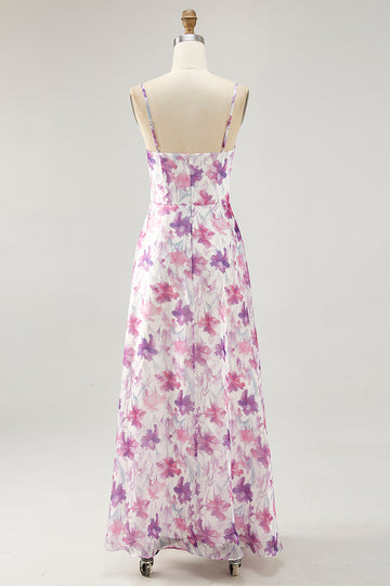 Purple Floral A Line Spaghetti Straps Printed Wedding Guest Dress
